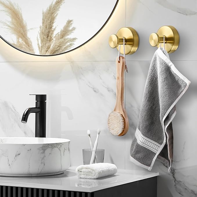 BKV Suction Cup Hooks for Glass Window,Removable Shower Hooks for Inside Shower,Metal Towel Hooks for Bathrooms,2 Pack(Gold)