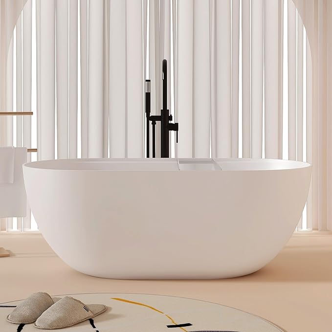 59'' Stone Resin Freestanding Bathtub, Bathroom Solid Surface Tub Bathtubs soaker Tubs Oval Shaped Matte Luxury Modern Soaking Tub with Overflow and Pop-up Drain - White