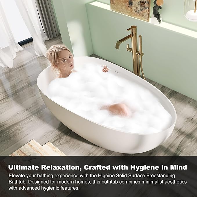 Premium 59" Solid Surface Freestanding Bathtub, Upgraded Oval Stone Resin Egg ShapeTub with Overflow and Pop-up Drain, Matte White