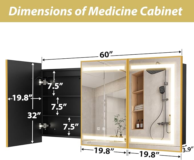 APRILSOUL 60X32 Inch Gold Bathroom Medicine Cabinet with Mirror, Recessed or Surface Lighted Medicine Cabinet with 3 Colors Temperature, Dimmable Light