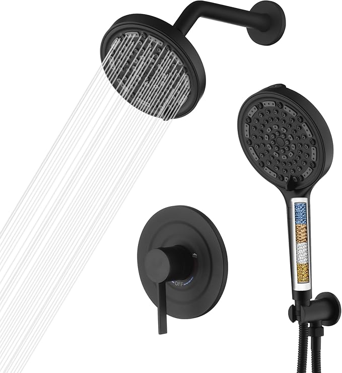 SUMERAIN Matte Black Shower System with 6-Spray Handheld Filtered Shower Head, Wall Mounted Rain Shower Faucet Set with Rough in Valve