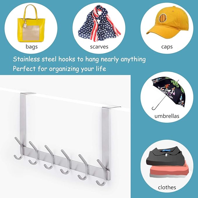 DOKU Over The Door Hooks, Stainless Steel Heavy Duty Over Door Hanger Holder for Coat Robe Hat Clothe Towels Hanging, Bathroom Organizer Towel Rack 12 Hooks, Brushed Nickel