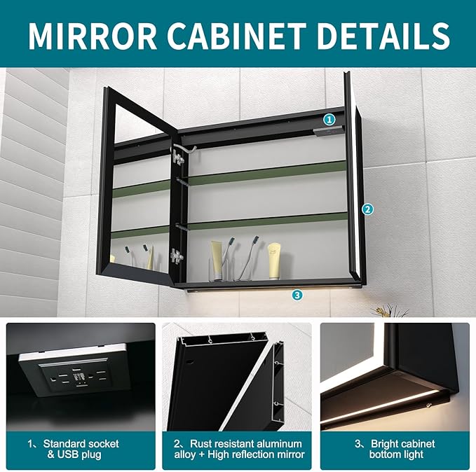 Lighted Medicine Cabinet with Mirror, 28 x 30 inch LED Bathroom Cabinet with Anti-Fog, Dimmable 3 Colors Front & Bottom Light, Buit-in Sockets & USBs, 2 Shelves, Plug-in or Hardwired