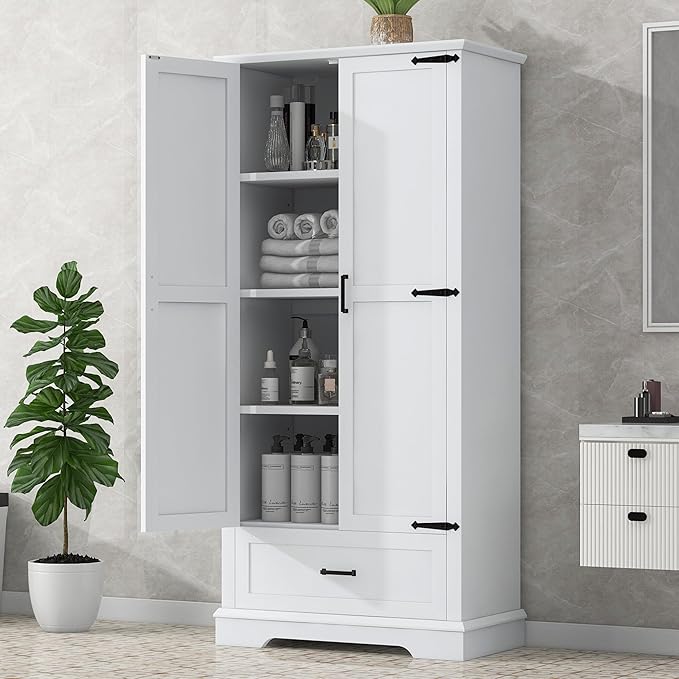 Favfurish 69" Tall Bathroom Storage Cabinet with Doors and Drawer,Modern Linen Cabinets w/Adjustable Shelf and Anti-Toppling Device,Freestanding Organizer for Bath Room,Study,Office,Kitchen White