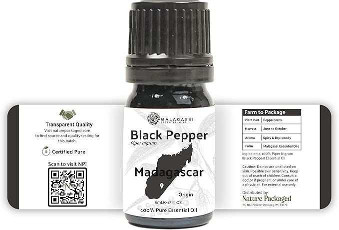 Black Pepper Essential Oil - Direct from Madagascar Farms - Steam Distilled - Aceite Pimienta Negra for Aromatherapy, Massage, Diffuser, DIY Candle and Soap Making - 5ml