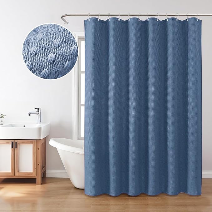 Inhousolu Fabric Shower Curtain Waffle Weave, Moonlight Blue 230 GSM Heavy Duty, Weighted Hem, 14 Metal Hooks, Water Repellent, Machine Washable, Hotel Spa Luxury Bath Curtain Set, 72 x 84 Inch