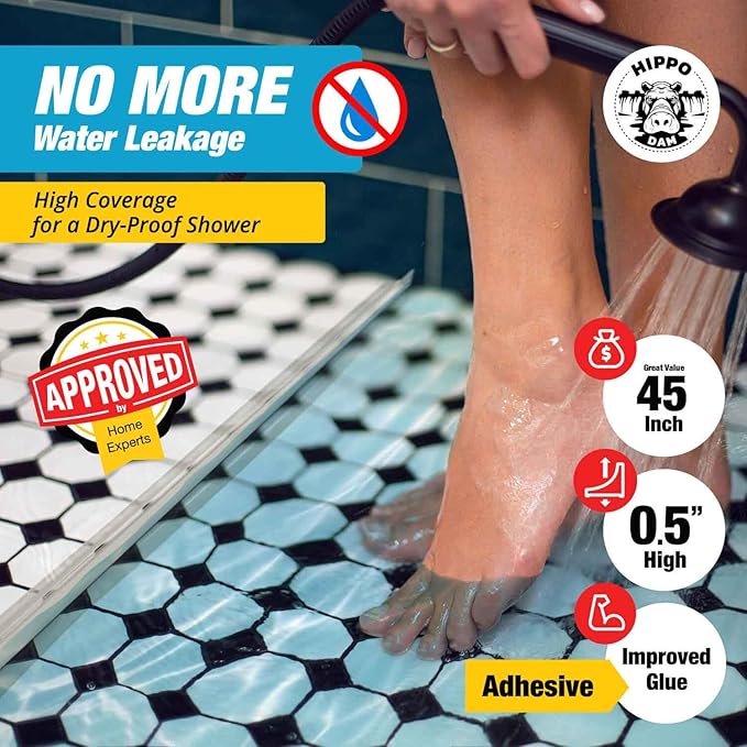 Shower Threshold Water Dam Barrier - White Collapsible Shower Water Blocker - Guard for Walk in Shower - Water Guard Stopper for Floor - Shower Door Water Blocker - By Hippo Dam (45 in, Transparent)