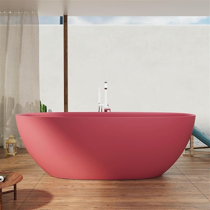 GIVINGTREE 65'' Freestanding Solid Surface Resin Stone Bathtub, Contemporary Design Stand Alone Tub with Pop-up Drain and Overflow, cUPC Certified, Pink (Oval)