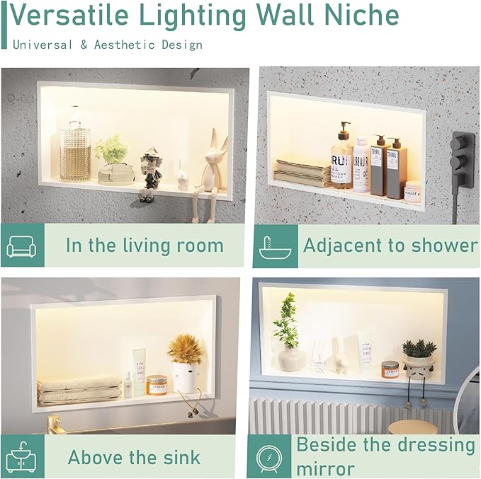 24"x12" Lighted Shower Niche ，Stainless Steel Waterproof Shower Storage with Lighting ，No Tile Needed ，Matte White （ 24 x 12 in）