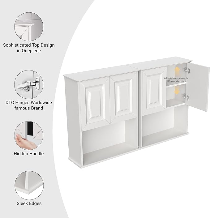 Bathroom Wall Cabinet Wooden with 2 Doors,Over the Toilet Storage Cabinet,Bathroom and Laundry Wall Mount Storage Medicine Cabinet with Open and Adjustable Shelf,Easy Assembly (Style B-2 PC, White)