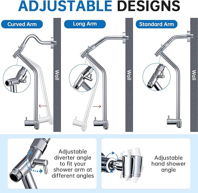 G-Promise All Metal Shower Diverter with Low Holder, Extended 13.5 Inch, 3-Way Diverter Valve with Pause Mode for Handheld and Fixed Shower Heads ∣ 4-Setting Replacement Part (Chrome)