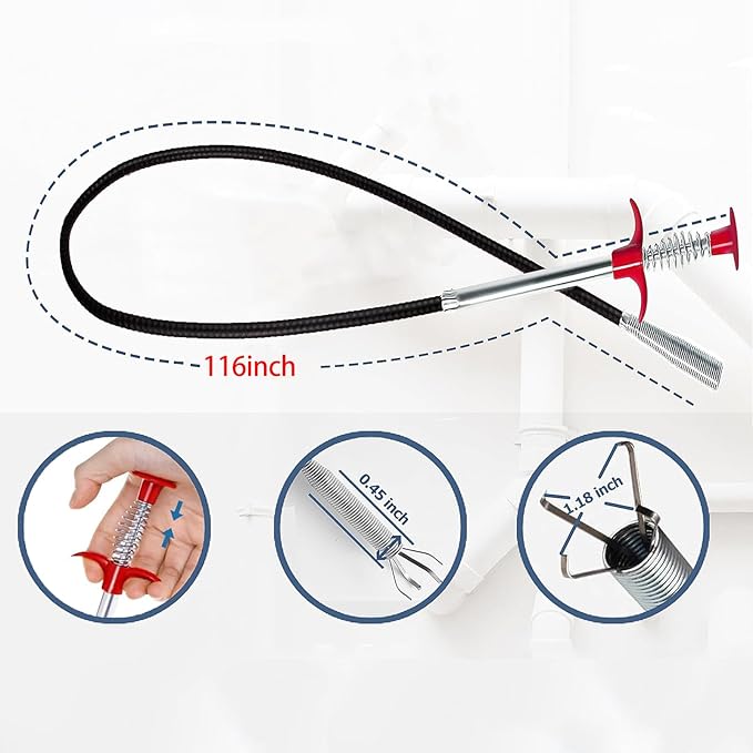 Drain Snake,116 inch Flexible Grabber Claw Pick Up Reacher Tool,Drain Clog Remover - Gutter Cleaning Tools for Home Sink, Bathroom Tub,Drain, Toilet