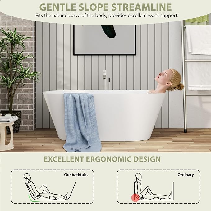 Mocoloo 59 Inch Freestanding Bathtub - Acrylic Soaking White Tub for Bathroom Stand Alone Ergonomic Modern Bathtub with Overflow and Stianless Offset Drain