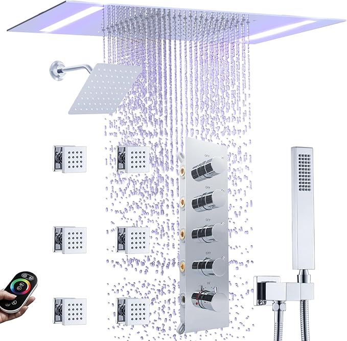 Thermostatic Shower System with 14x20 Inch Ceiling Mount LED Head & 6 Inch Wall Head and Handheld Shower 4 Function Vale with body jets Can All Run Together,Polished Chrome