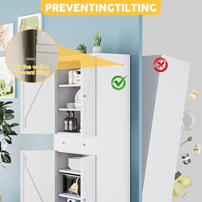 Freestanding Display Storage Cabinet with 4 Doors,Metal Kitchen Pantry Storage Cabinet with Adjustable Shelf for Kitchen Home Office, Assembly Required,White