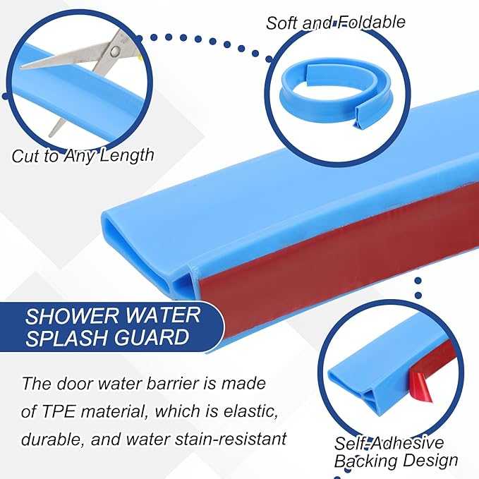 PATIKIL 2" Collapsible Shower Threshold Water Barrier, 78 Inch Self Adhesive Shower Door Bottom Seal Silicone Water Splash Guard for Bathroom Kitchen, Blue (6.5 Feet)