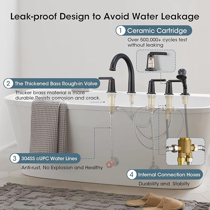 Roman Tub Faucet Set with Hand Shower, KRUZOO Bathtub Faucet Set Trim Kit with Rough-in Valve, Deck Mount Widespread 5 Hole Brass Tub Filler, KZ-9609ORB, Oil Rubbed Bronze