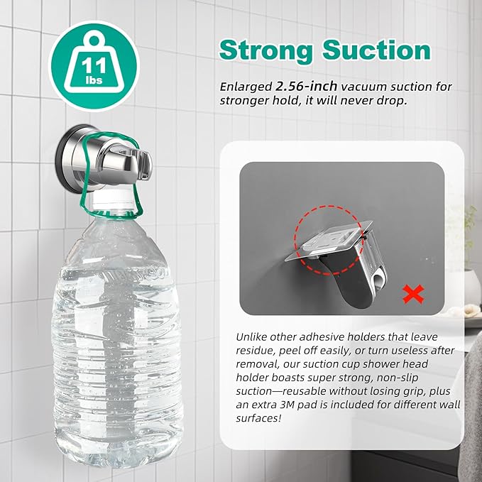 Hibbent 2 Pack Vacuum Suction Cup Shower Head Mount, Removable Shower Head Bracket, Height Adjustable Shower Wand Holder & Wall Mount ABS Plastic Suction Holder for Handheld Showerhead, Chrome