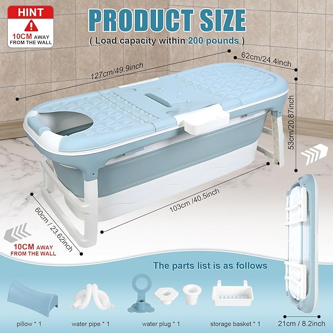 Portable Bathtub for Adult, Large Collapsible Tub, Portable Tub for Adults, Tub for Shower, Sweat Steaming Spa Sweat Steaming Bathtub, Effortless Folding Bathtub, Hot Bath, Ice Bath (Blue 50'')
