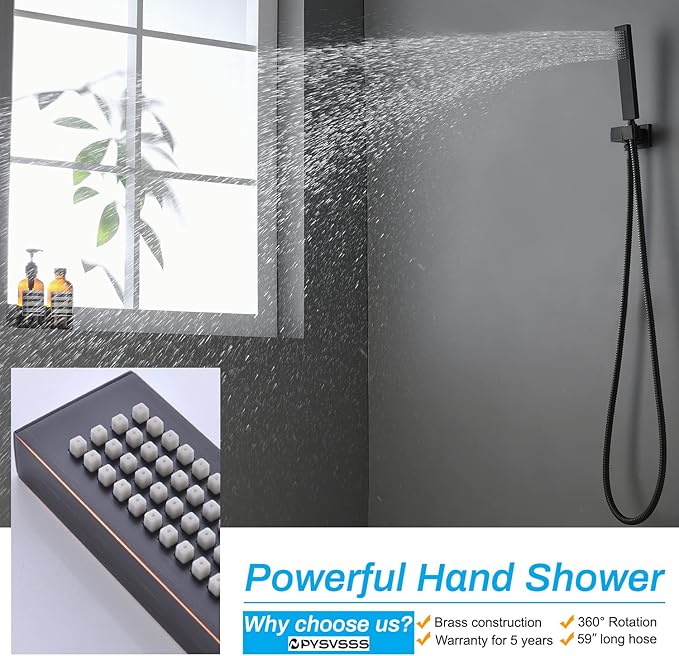 Ceiling Rain Shower System(All Functions Can Run Together)with on-off Full Body Jets, Oil Rubbed Bronze Thermostatic Shower System with 16 Inch Rain & Fog Overhead Shower & Handheld Spray Kit