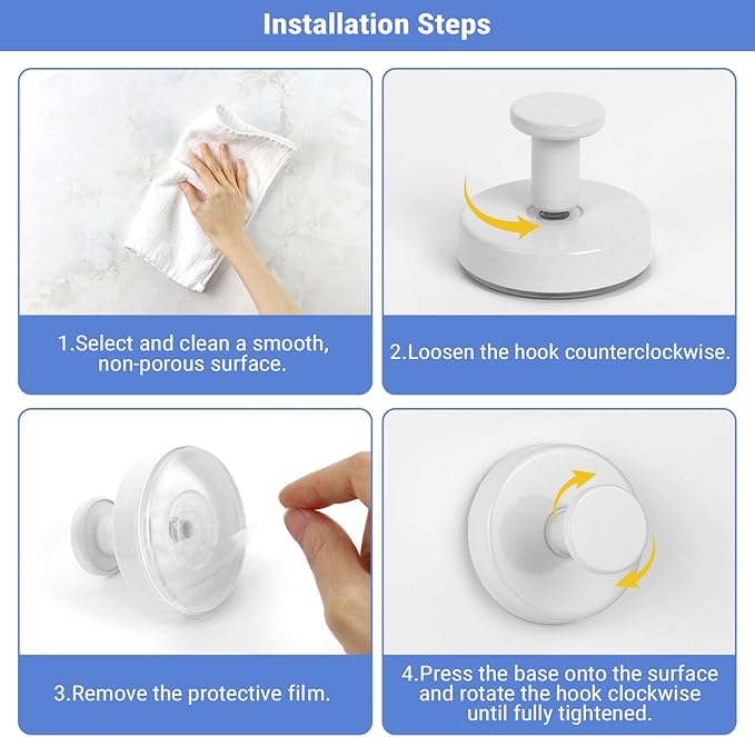 Suction Cup Hooks for Shower, 4 Pcs Stainless Steel Wall Shower Hooks for Bathroom Kitchen, Glass, Mirror,White