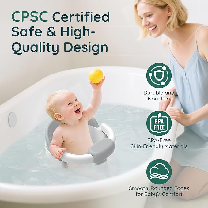 Baby Bath Seat Baby Bathtub - with Strong Suction Cups and 360° Surround Support – Easy Release, Non-Slip Cushion, Lockable Armrests – Infant Bath Chair for Babies 6-24 Months, Grey