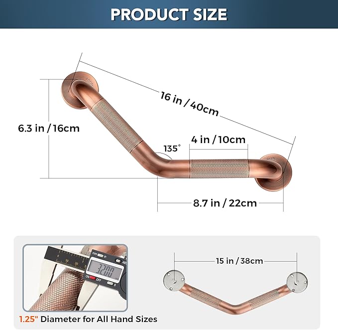 Grab Bars for Bathtubs and Showers- 1-1/4 x 16 Angled Shower Grab Bar for Seniors Knurled Stainless Steel Handicap Grab Bars for Wall (Antique Copper, 1 Pack)