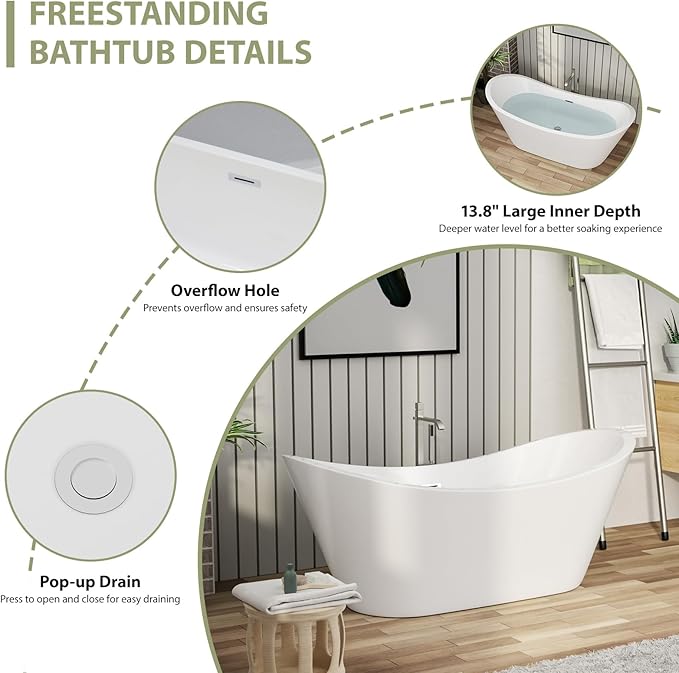67 Inch Acrylic Freestanding Soaking Bathtub - Mocoloo Contemporary Soaking White Tub Stand Alone Bathtub with Overflow and Drain