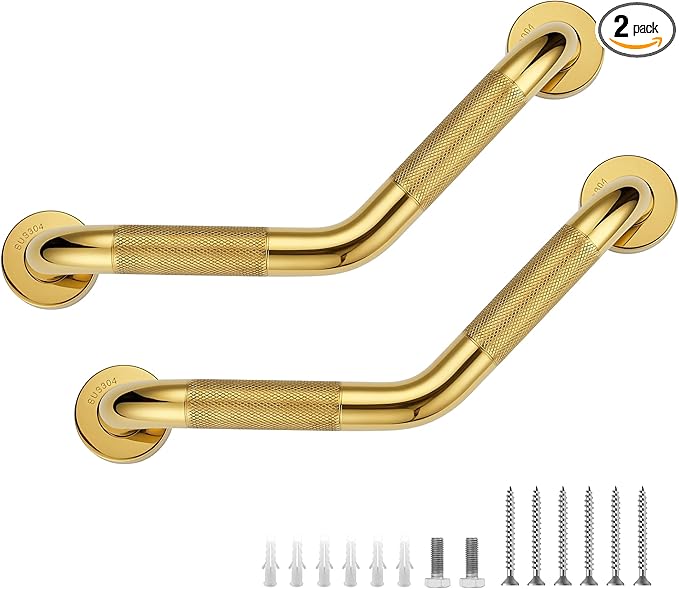 Grab Bars for Bathtubs and Showers- 1-1/4 x 16 Angled Shower Grab Bar for Seniors Knurled Stainless Steel Handicap Grab Bars for Wall (Gold, 2 Pack)