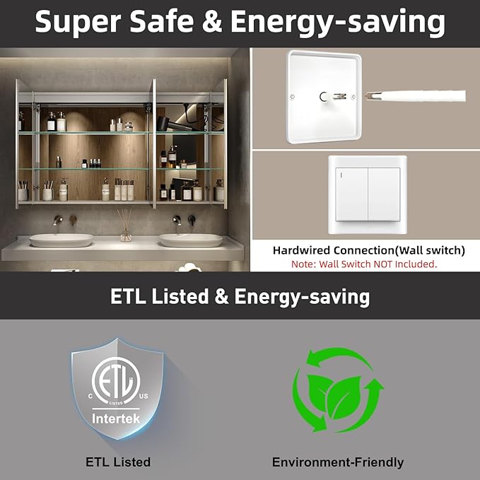 Medicine Cabinet with LED Lights and Mirror, 54 x 32 Inch Surface or Recessed Mounted Bathroom Cabinets with Door, Defogger, Memory Function, 3-Color Mode, Outlet&USB, Dimmer, Storage Shelf