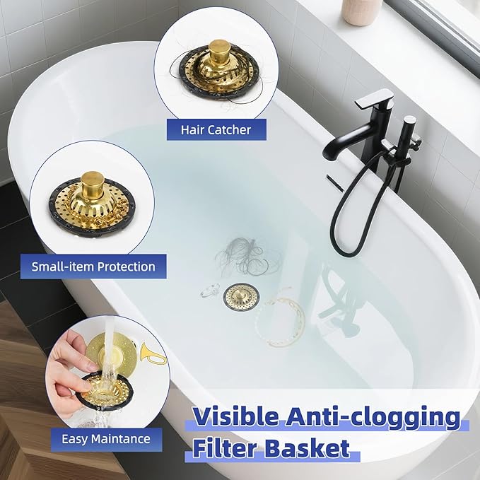Metal 2 Pack Bathtub Drain Stopper with Top Hair Catcher, 3 in 1 Pop-up Bathtub Strainer, Tub Stopper with Detachable Stainless Steel Filter Basket for Standard 1.5 to 2.4'' Drain, Brushed Gold