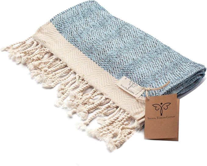 SMYRNA TURKISH COTTON Herringbone Series Turkish Hand Towels Set of 2, 16x40 inch, Decorative Turkish Hand Towels for Bathroom, Kitchen, Face, Hair, Tea, Yoga, Gym, Dishcloth Set of 2, Light Blue