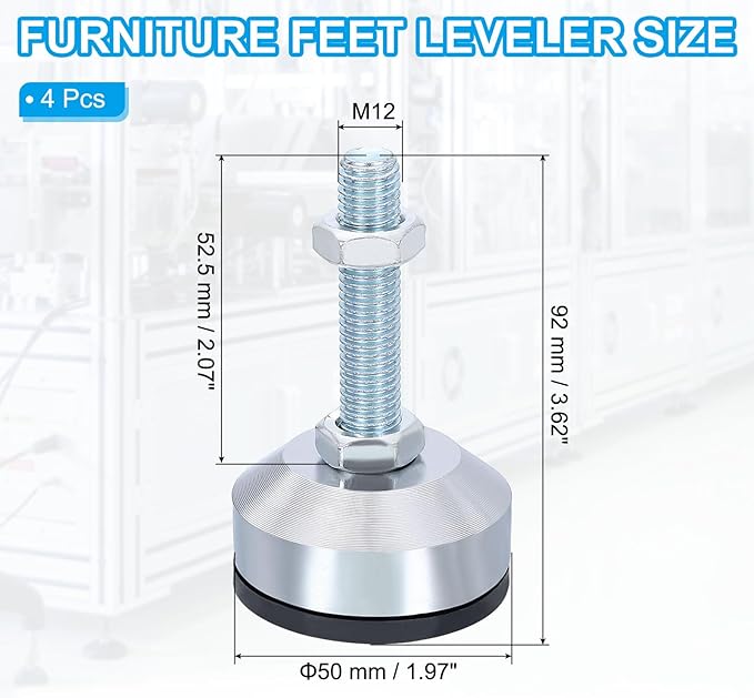 PATIKIL Furniture Leveling Feet 2.4" Dia Base M12 Thread, 4 Pcs Carbon Steel Adjustable Threaded Furniture Levelers Screw on Leg Leveler with Pads for Desk Chair, Black