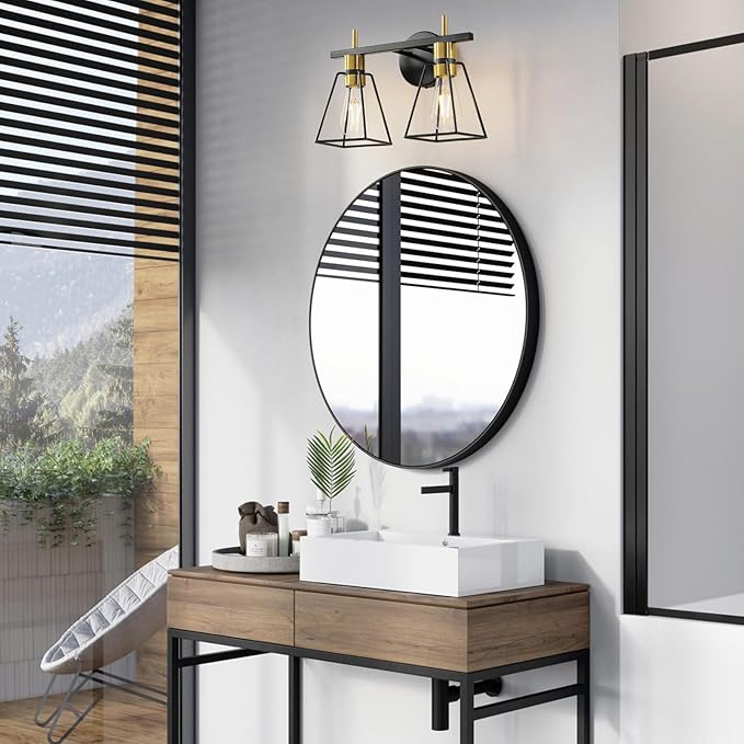 Industrial Bathroom Vanity Lights: 2 Lights Black and Gold Vintage Metal Cage Wall Sconces - Rustic Farmhouse Lightning Fixture Over Mirrors Cabinet for Home Hallway