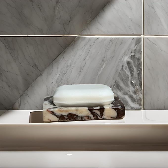 Real Marble Soap Dish - Soap Dish for Shower, Shower Bar Soap Holder, Marble Dish for Bathroom Kitchen, Decorative Stone Soap Dish (Calacatta Viola, Rectangular)