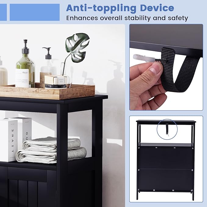 COSTWAY Bathroom Floor Storage Cabinet, Modern Wooden Freestanding Storage Organizer with 2 Doors, 3-Level Adjustable Shelf, for Entryway, Living Room, Kitchen (Black)