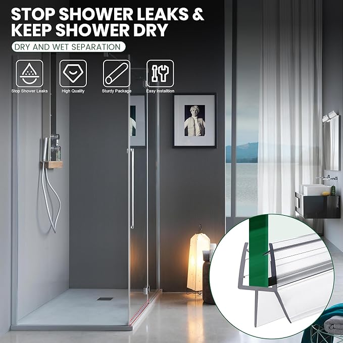 Shower Glass Door Bottom Seal, 2PCS 36 Inch Ultra Clear PVC Seal Strip with Sweep for 3/8"(10mm) Thick Frameless Glass Door, to Stop Water Leakage