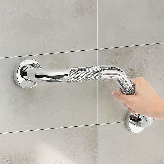Grab Bars for Bathtubs and Showers- 1-1/4 x 16 Angled Shower Grab Bar for Seniors Knurled Stainless Steel Handicap Grab Bars for Wall, 15" Hole Center (Polished Nickel, 1 Pack)