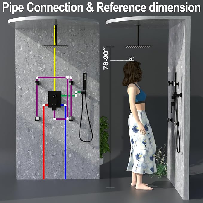 Enga 12 Inch Ceiling Mount Matte Black Shower System with Body Jets Bathroom Luxury Rain Mixer Shower Combo Set Ceiling Rainfall Shower Jets System Faucet Set