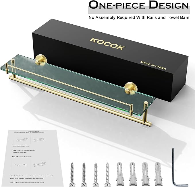 24-Inch Towel Rack with Shelf -Tempered Glass Bathroom Shelf with Towel Bar - Brushed Gold Modern Stainless Steel, Wall Mount Rustproof Tower Holder
