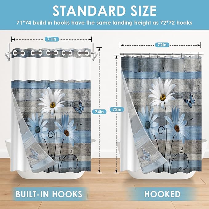 No Hook Blue Daisy and Butterfly Shower Curtain with Snap in Fabric Liner Set, Rustic Farmhouse Double Layers Waterproof Fabric with See Through Top Window Open Grommet Bath Curtain 71x74 Inch