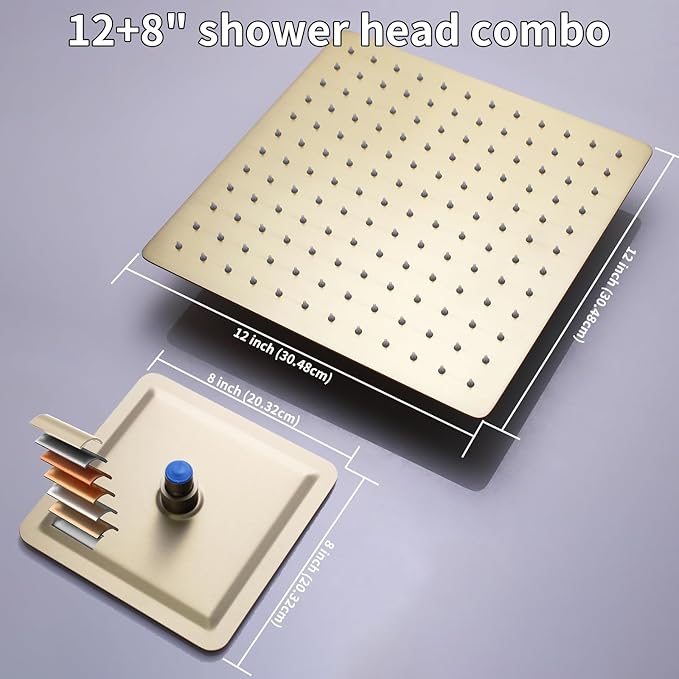 Shower Faucet Set Brushed Gold Shower System, Temperature Display Shower Faucet with 12 inch Ceiling Mount and 8 inch Wall Mount Shower Head, with 6 PCS Body Jet and Handheld Spray