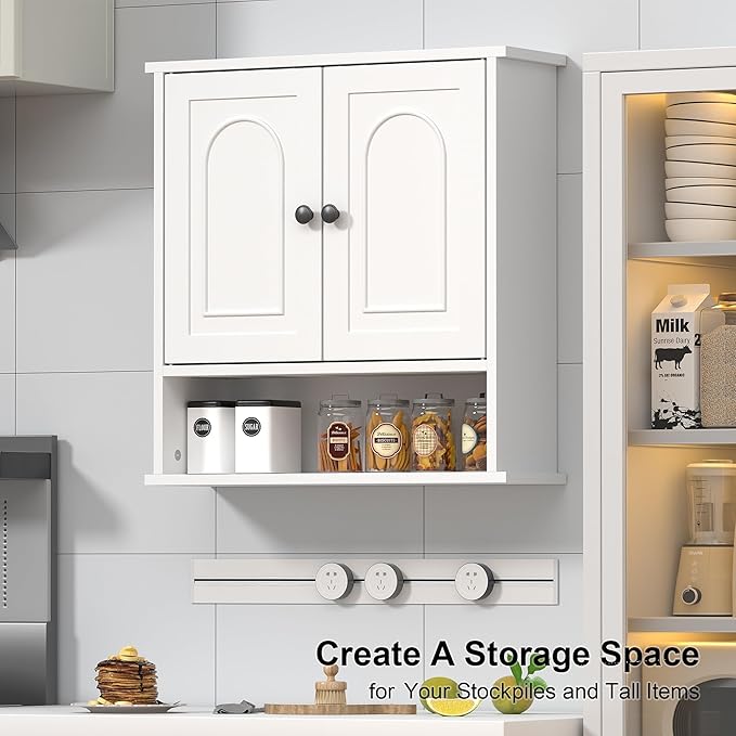 Bathroom Medicine Cabinet,2 Doors White Bathroom Wall Cabinet with Arched,Over Toilet Storage Cabinet for Laundry Room/Kitchen/Living Room,Surface Mount Medicine Cabinets 23x24
