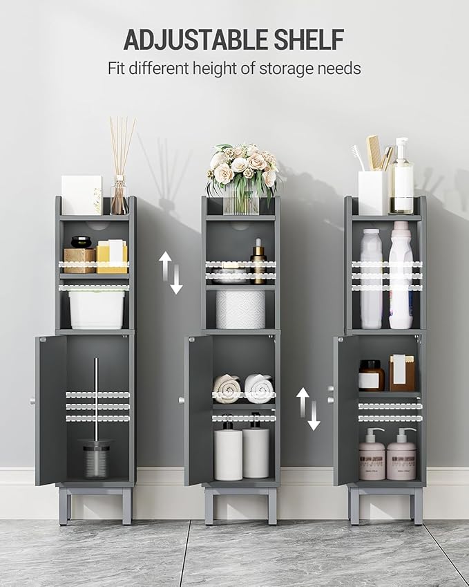 Bathroom Storage Cabinet, Small Corner Floor Cabinet with Door and Shelves, Narrow Toilet Paper Holder, Bathroom Organizer with Adjustable Shelf, for Small Spaces, Gray BC08221GR