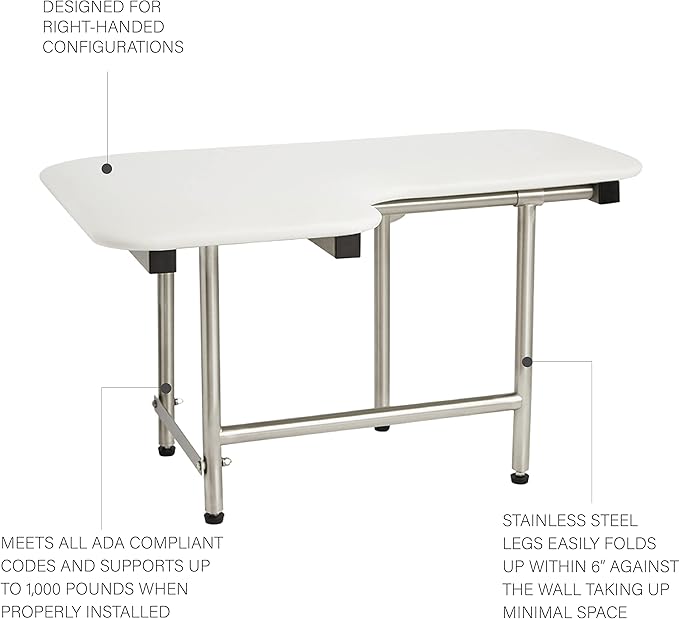 32" x 22.5" White Padded Wall Mount Folding Right-Handed Transfer Bench Shower Seat with Legs, ADA Compliant