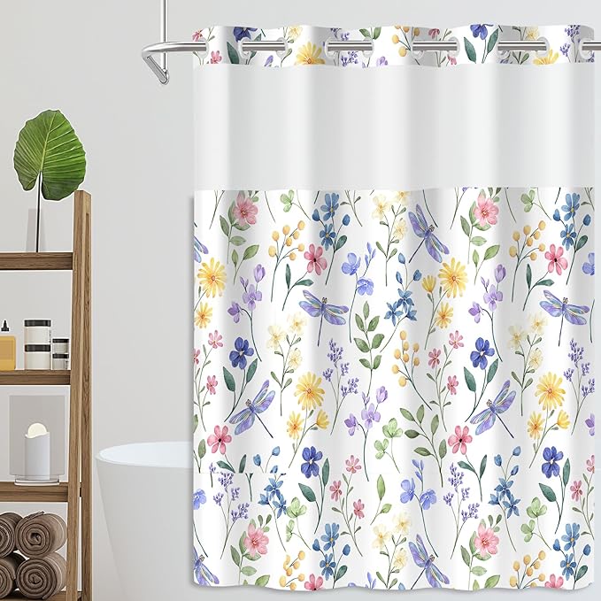 No Hook Shower Curtain Set with Snap in Fabric Liner for Bathroom,with See Through Top Window,Double Shower Curtain with Detachable Liner Replacement,Machine Washable,Flowers,71"x 74"