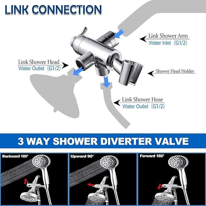 Shower Arm Diverter with Handshower Mount, G1/2 Brass Shower Diverter Valve Bathroom Universal Shower System Replacement for Handheld Shower and Fixed Shower Head(Polished Chrome)