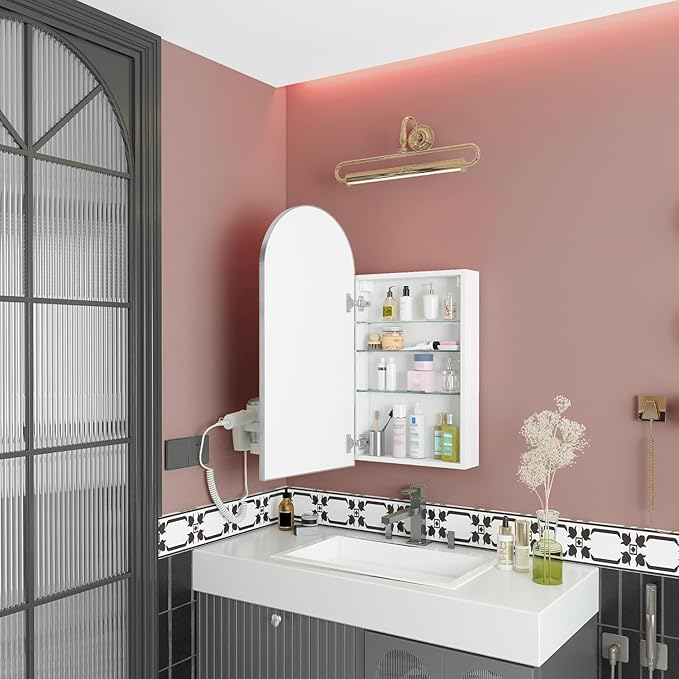 FKWin Arched Medicine Cabinets with Mirror, Bathroom Mirror with Storage, Aluminum Alloy Bathroom Cabinet, Modern Bathroom Wall Cabinet with 3 Adjustable Shelves, Not Recessed, 29.5"x15.7",Silver