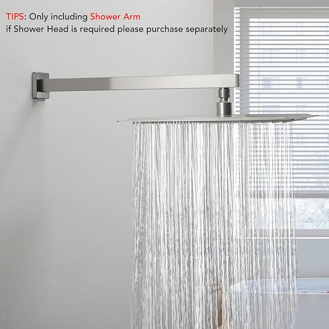 BESy 16 Inches Straight Extended Shower Arm With Flange, Rain Shower Head Extension Arms, Square Shower Rod Shower Head Extender Arm Shower Pipe Extension, Wall-Mounted Brushed Nickel Stainless Steel