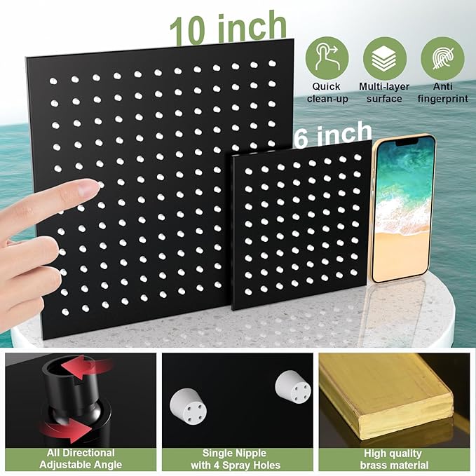ENGA Shower System with Tub Spout, Bathtub Shower Faucet Combo Set - 10" & 6" Square Rain Shower Heads with 2 in 1 Handheld Spray, 4 Way Water Diverter, Matte Black